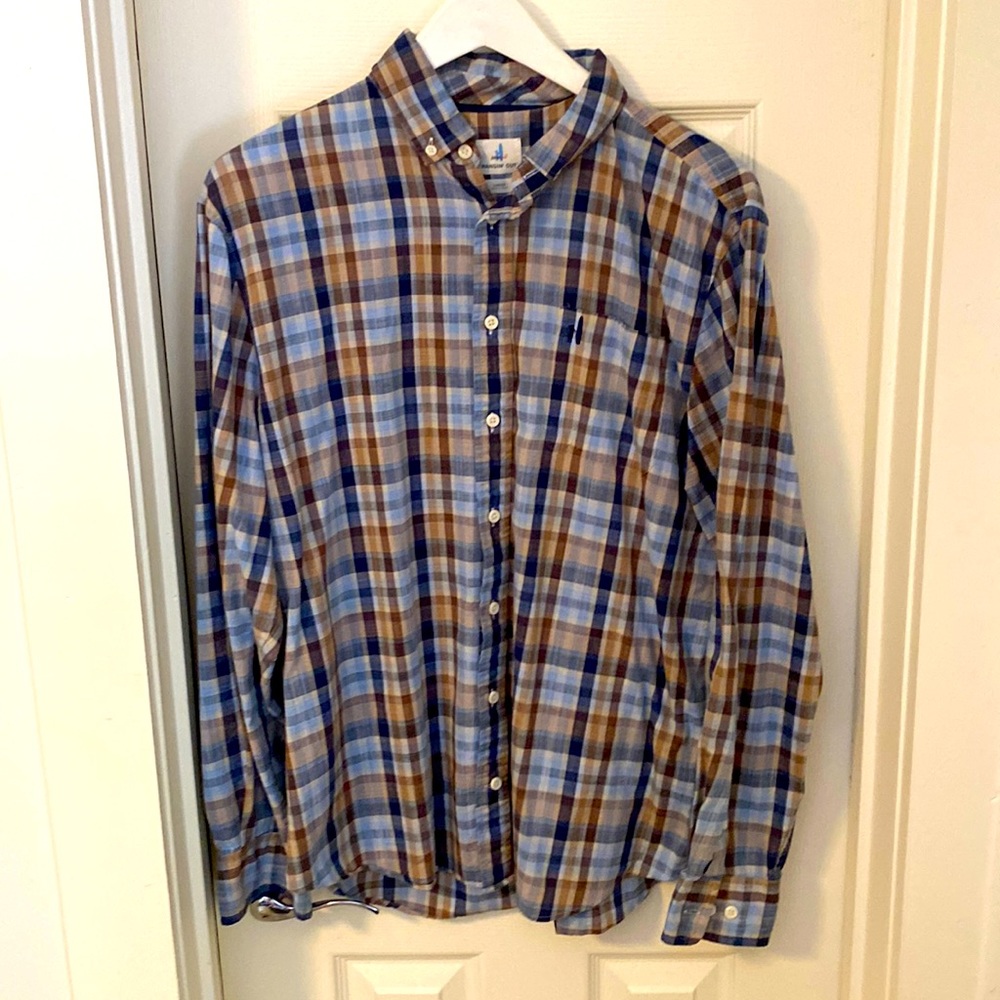 Johnnie-O Hangin’ Out -Blue, Brown & Tan Plaid Button Down-100% Cotton-Size L